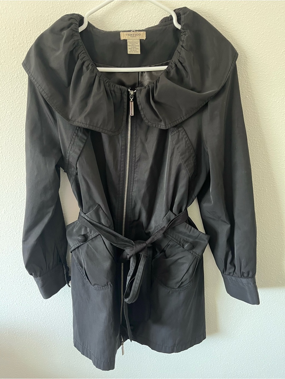 Vertigo Paris Black Zip-Front Trench Coat with Tie Waist